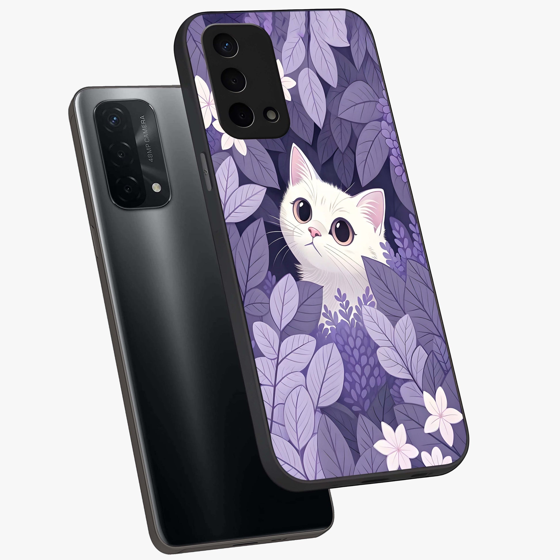 Lilac Hide Peek Cat Glass Case displayed in angled mockup highlighting playful feline illustration with lilac aesthetic design.