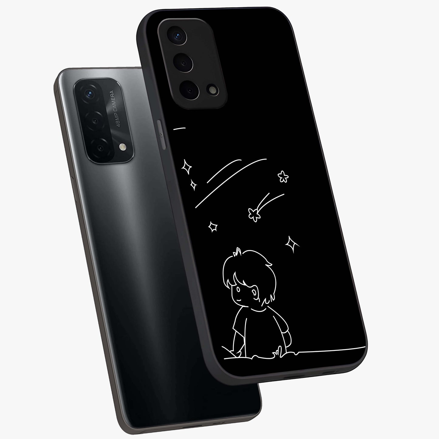 Line Art Boy With Shooting Stars Glass Case displayed in angled mockup highlighting elegant line art design with dreamy star aesthetic.