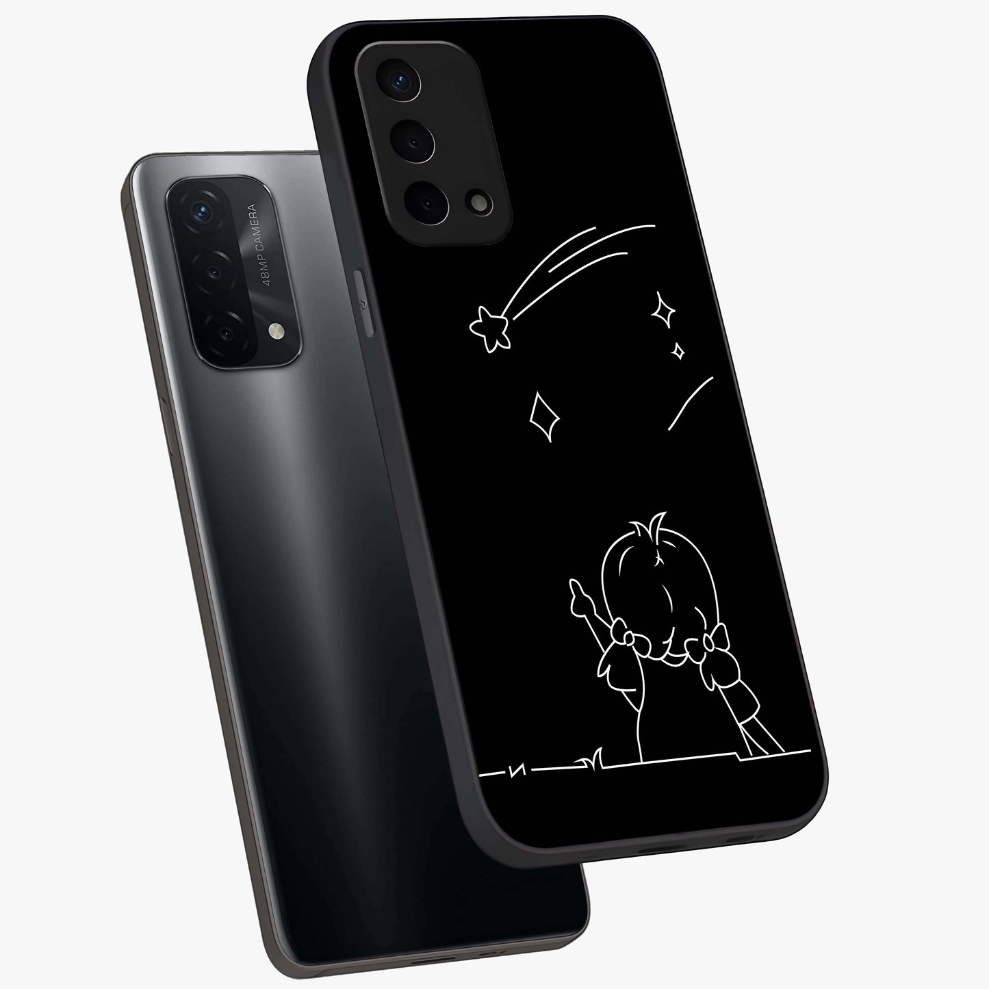 Line Art Girl With Shooting Stars Glass Case displayed in angled mockup highlighting elegant line art design with dreamy star aesthetic.