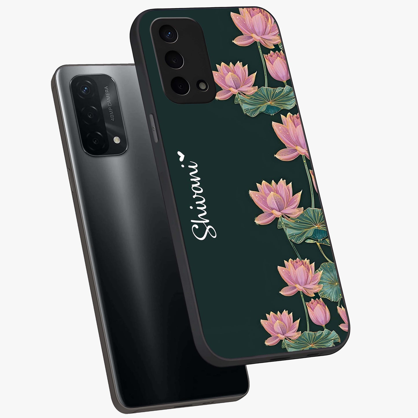Lotus Bloom Serenity Custom Name Glass Case displayed in angled mockup highlighting graceful lotus illustration with custom name feature.