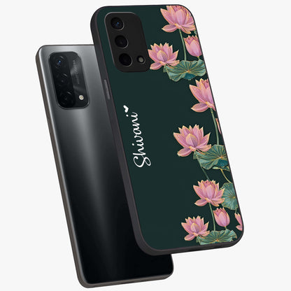 Lotus Bloom Serenity Custom Name Glass Case displayed in angled mockup highlighting graceful lotus illustration with custom name feature.