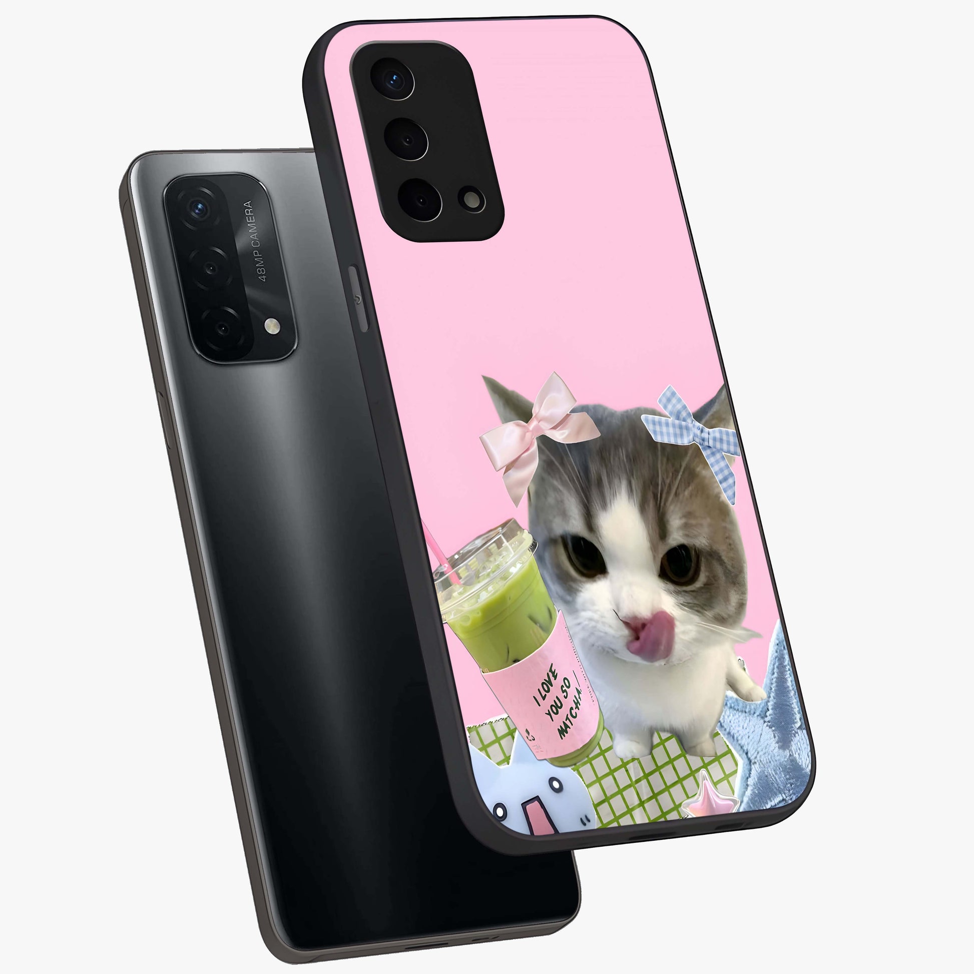 Love Matcha Cat Glass Case displayed in angled mockup highlighting playful feline illustration with cozy matcha aesthetic.