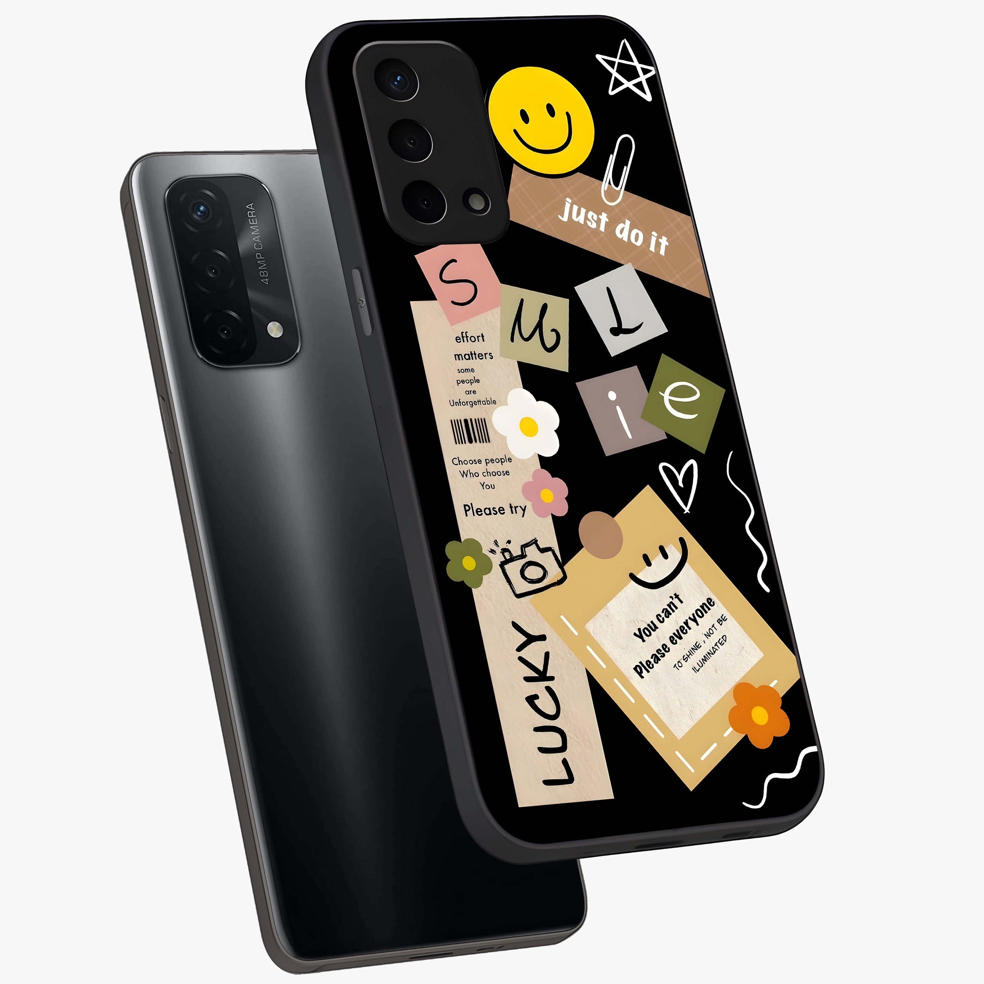 Lucky Aesthetic Collage Glass Case displayed in angled mockup highlighting stylish collage pattern with modern aesthetic vibe.