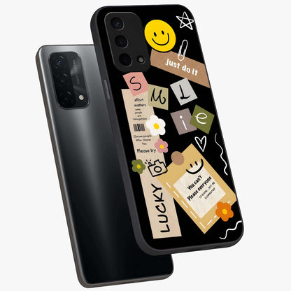 Lucky Aesthetic Collage Glass Case displayed in angled mockup highlighting stylish collage pattern with modern aesthetic vibe.