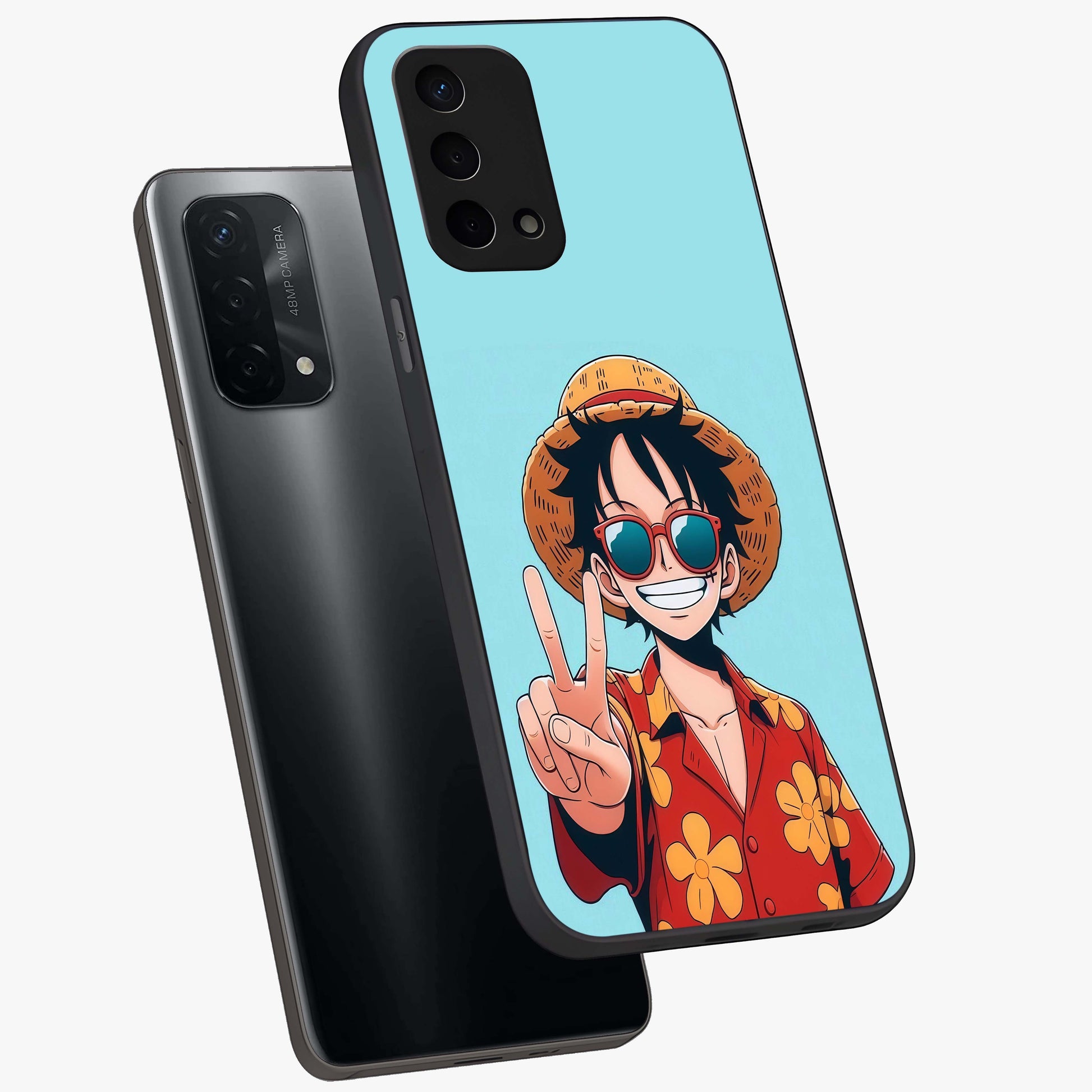 Luffy Summer Anime Vibe Glass Case displayed in angled mockup highlighting energetic anime illustration with summer vibe aesthetic.