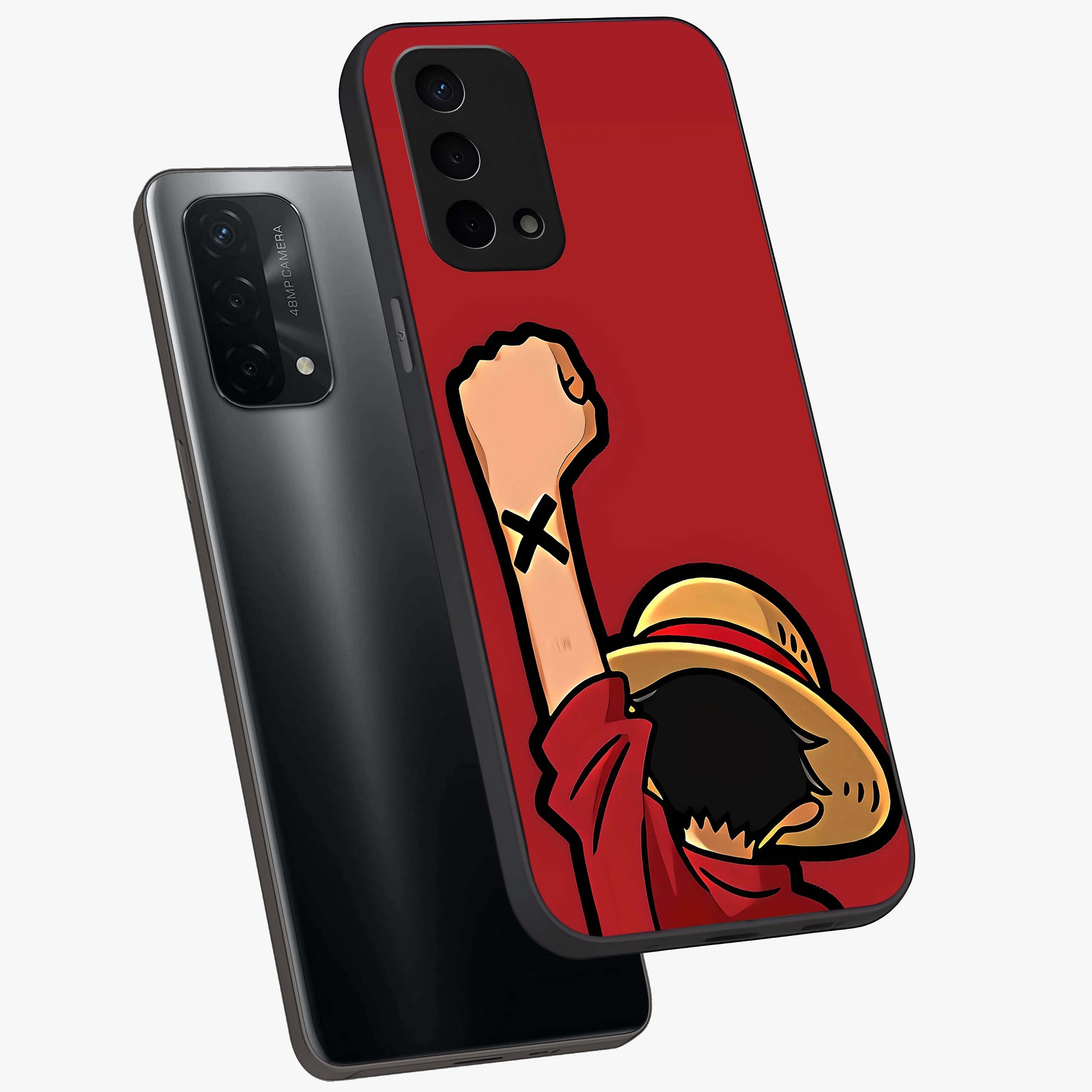 Luffy X Spirit Glass Case displayed in angled mockup highlighting powerful anime design with energetic action aesthetic.