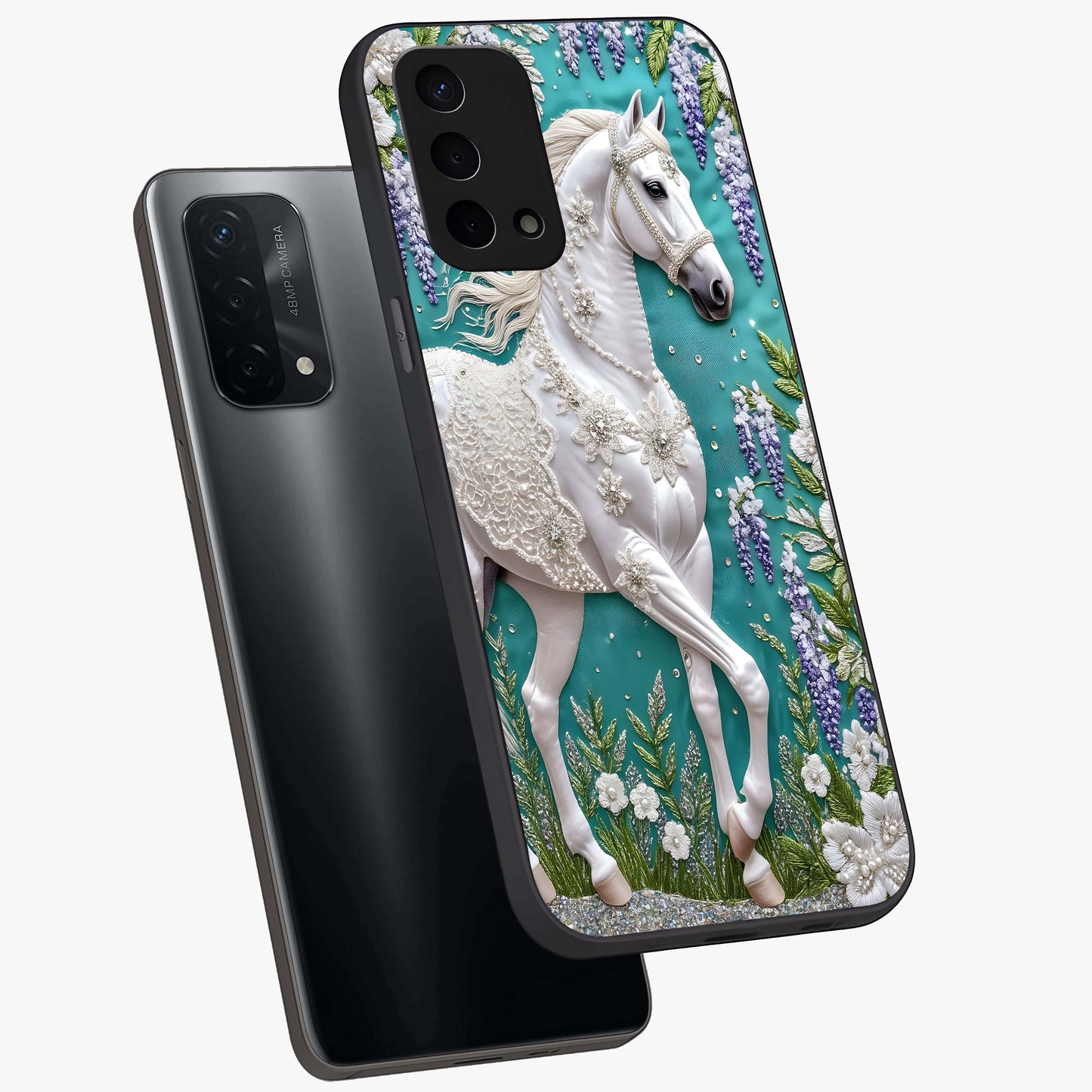 Majestic Floral Stallion Glass Case displayed in angled mockup highlighting majestic stallion illustration with elegant floral aesthetic.
