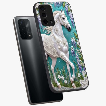 Majestic Floral Stallion Glass Case displayed in angled mockup highlighting majestic stallion illustration with elegant floral aesthetic.
