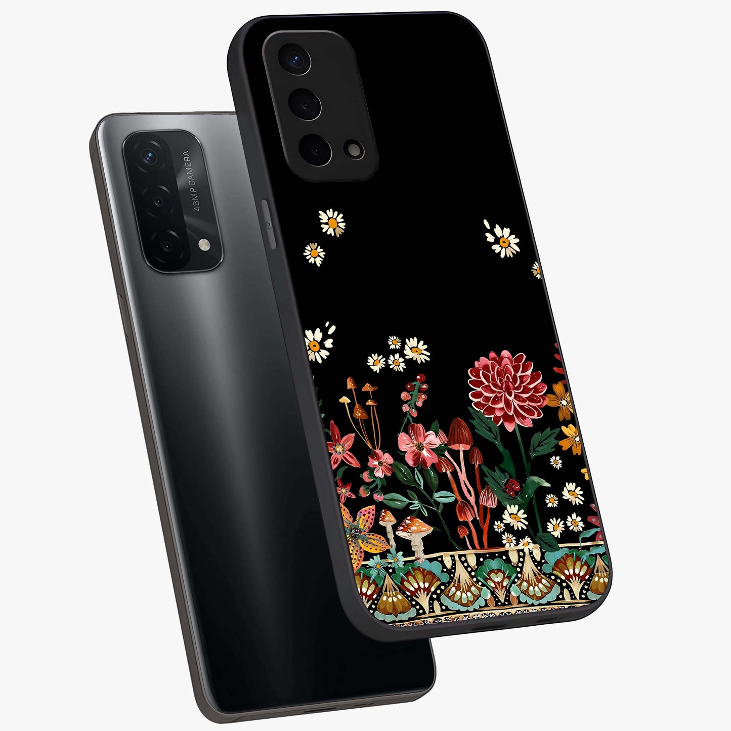 Midnight Bloom Pattern Glass Case displayed in angled mockup highlighting elegant flower design with midnight aesthetic style.