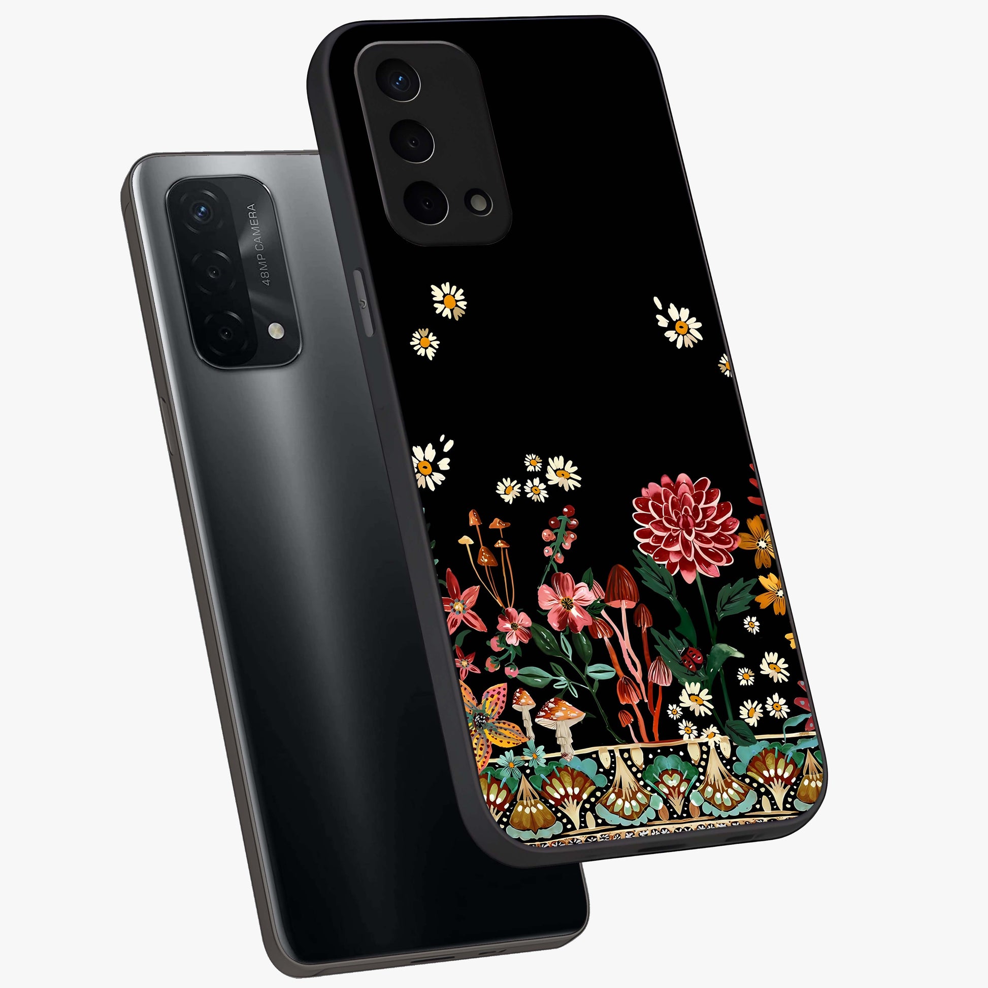 Midnight Bloom Pattern Glass Case displayed in angled mockup highlighting elegant flower design with midnight aesthetic style.
