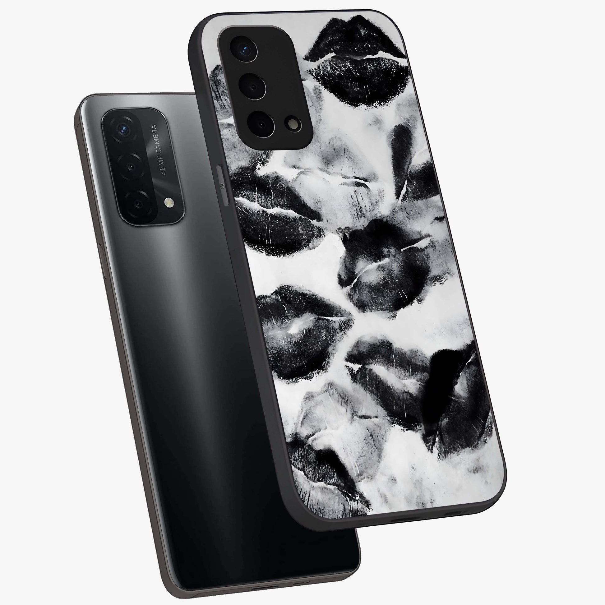 Midnight Kiss Marks Glass Case displayed in angled mockup highlighting playful romantic design with bold midnight aesthetic.