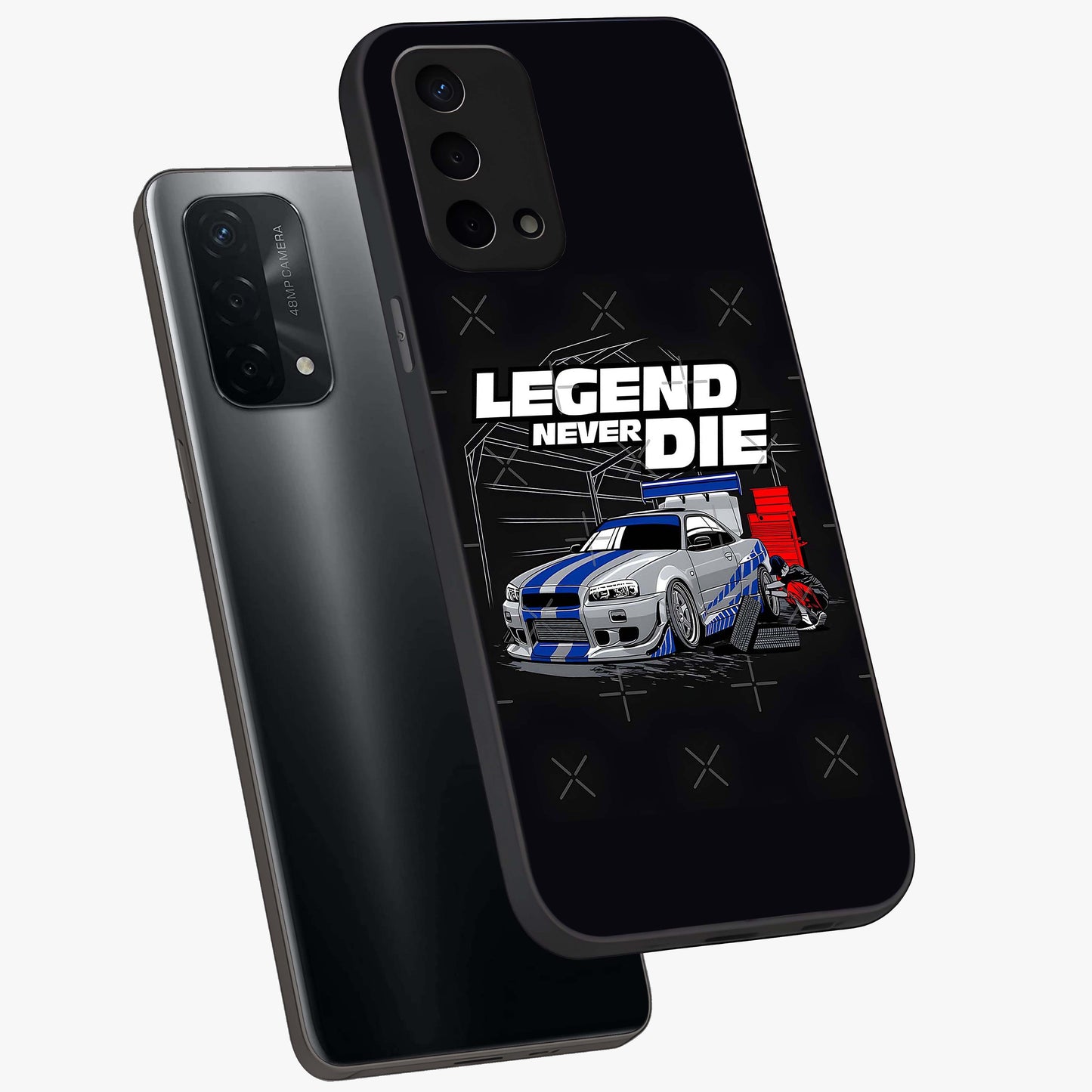 Midnight Racing Legacy Glass Case displayed in angled mockup highlighting dynamic automotive design with bold midnight aesthetic.