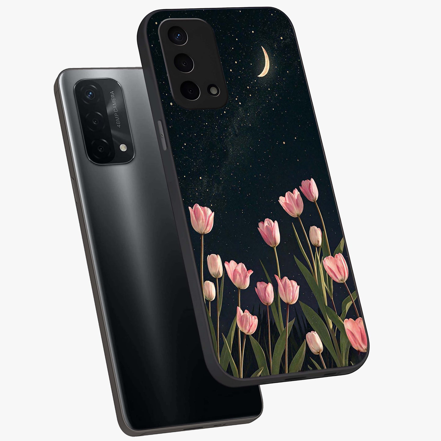 Midnight Tulip Whispers Vibe Glass Case displayed in angled mockup highlighting delicate tulip design with midnight floral aesthetic.
