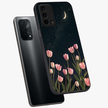 Midnight Tulip Whispers Vibe Glass Case displayed in angled mockup highlighting delicate tulip design with midnight floral aesthetic.