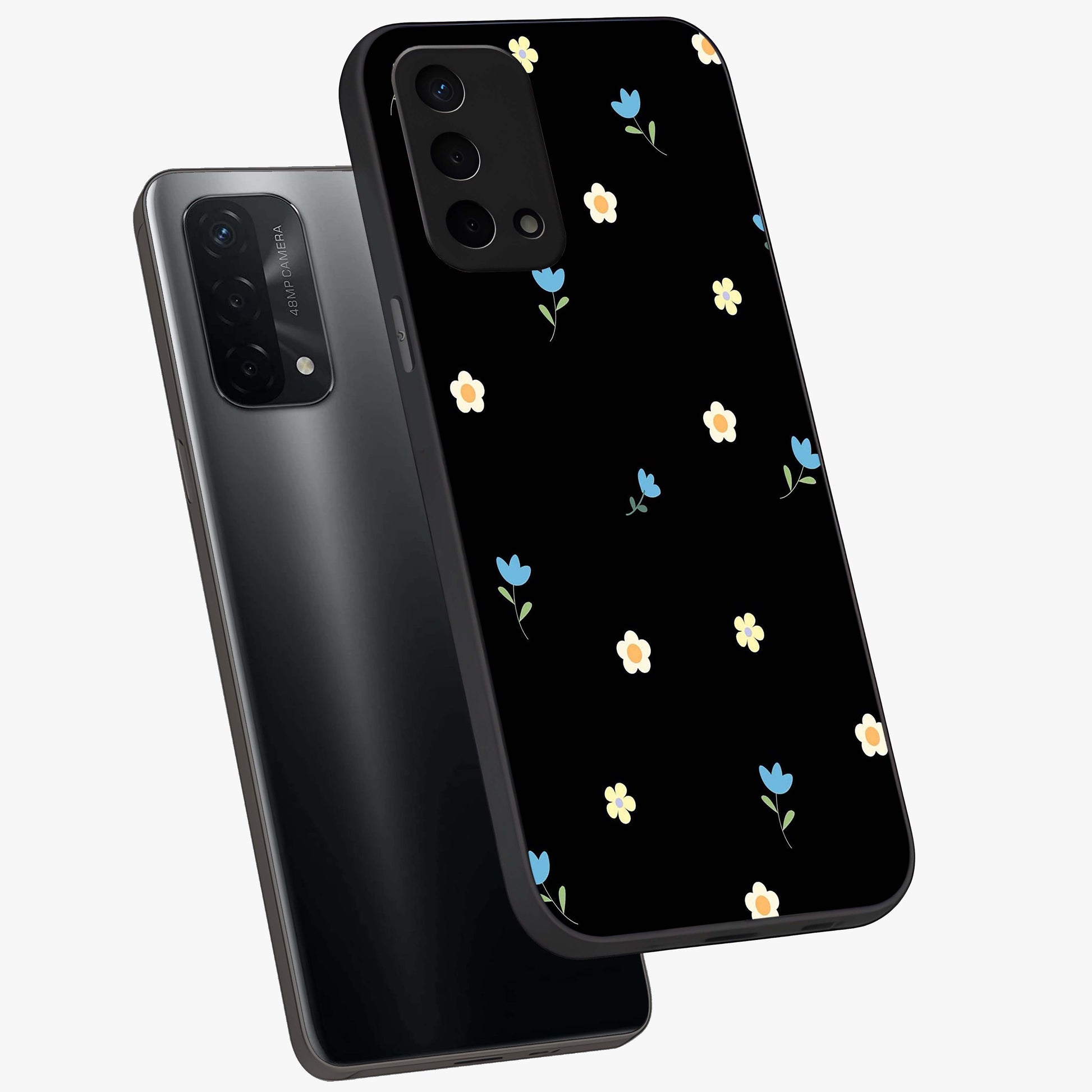 Minimal Petal Whispers Glass Case displayed in angled mockup highlighting delicate petal design with clean minimal aesthetic.