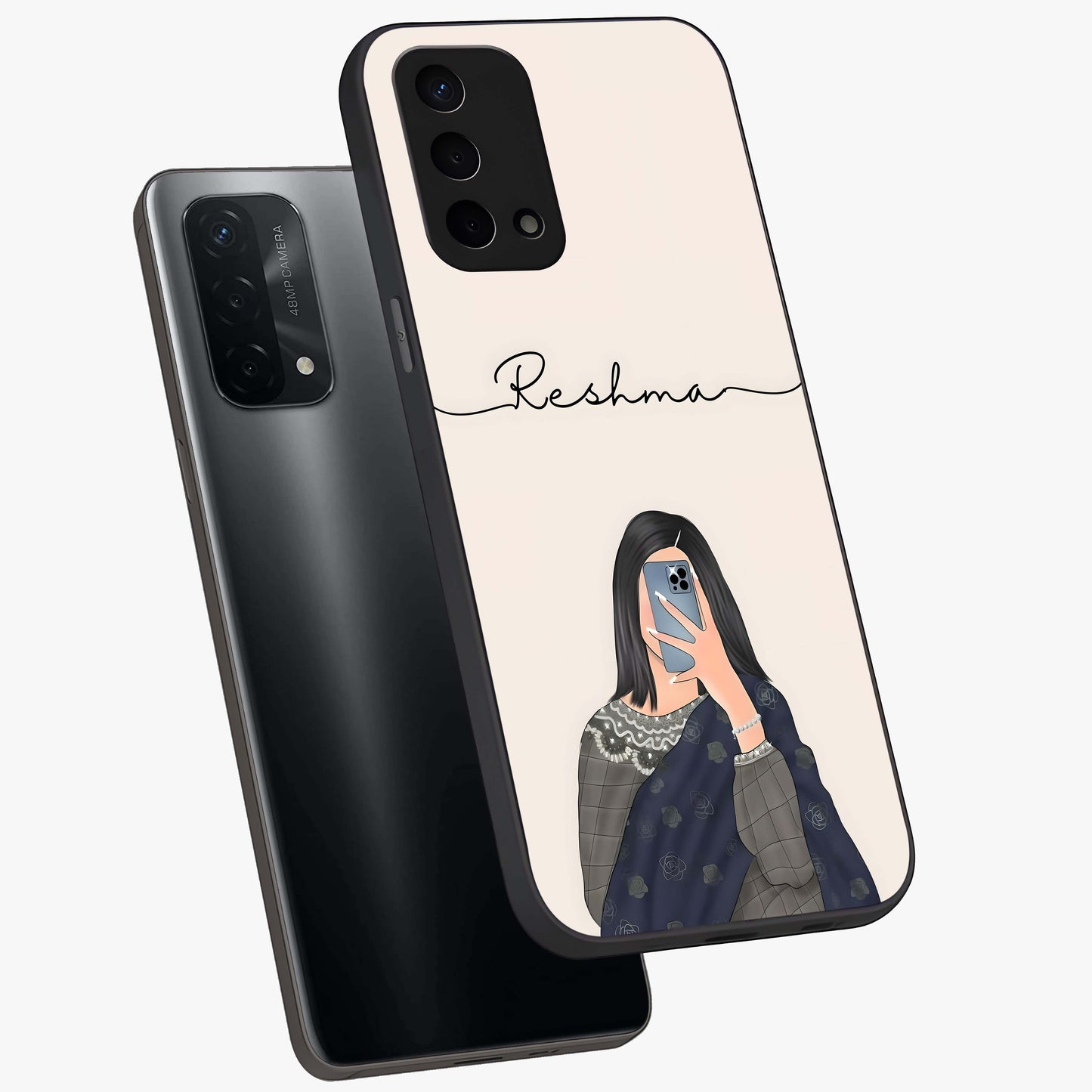 Mirror Mood Muse With Custom Name Glass Case displayed in angled mockup highlighting aesthetic mirror inspired design with custom name feature.