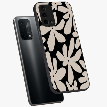 Monochrome Petal Dance Glass Case displayed in angled mockup highlighting elegant petal design with black and white aesthetic.