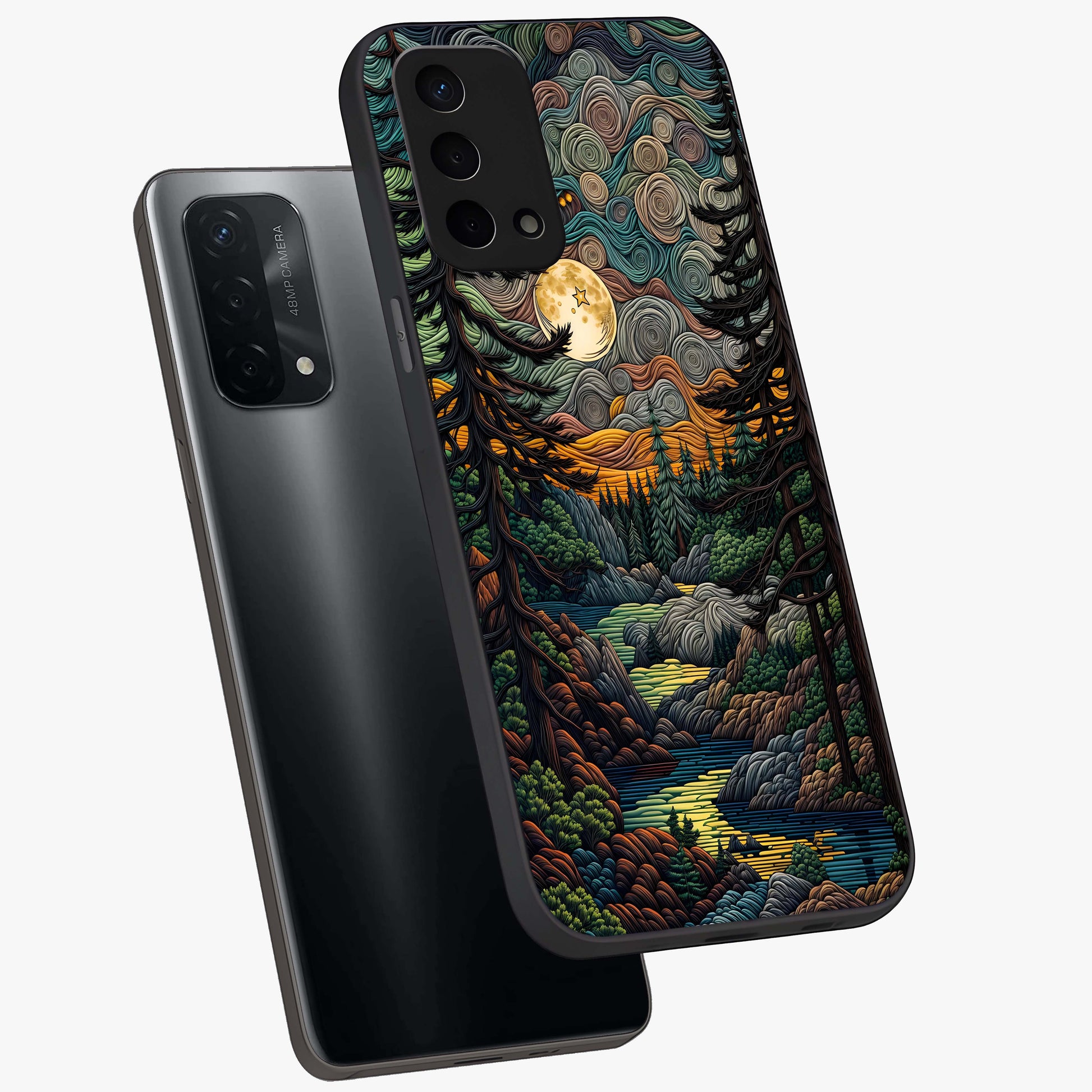Moonlight Forest Dream Glass Case displayed in angled mockup highlighting dreamy forest design with glowing moon aesthetic.