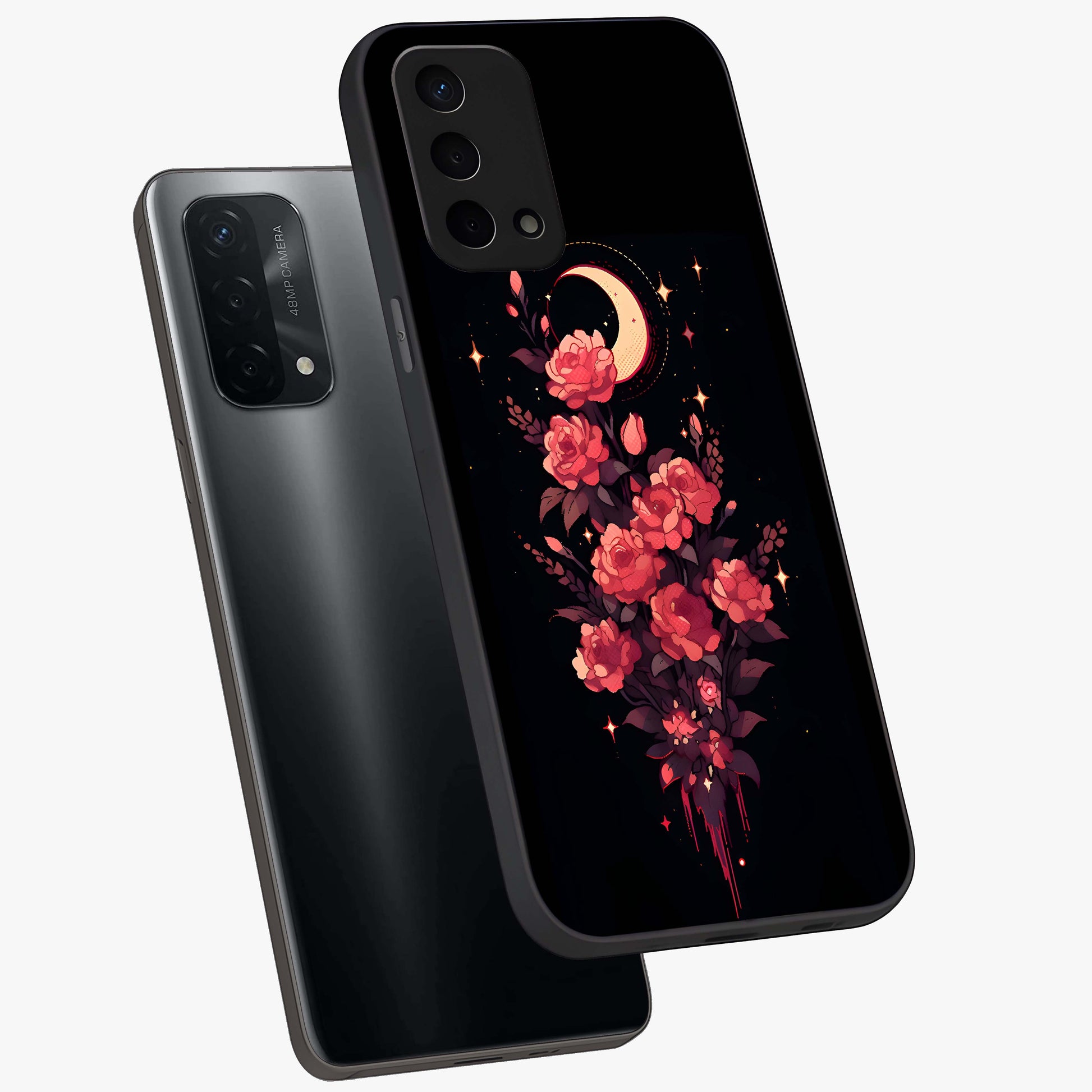 Moonlit Floral Elegance Glass Case displayed in angled mockup highlighting graceful flower design with soft moonlight aesthetic.