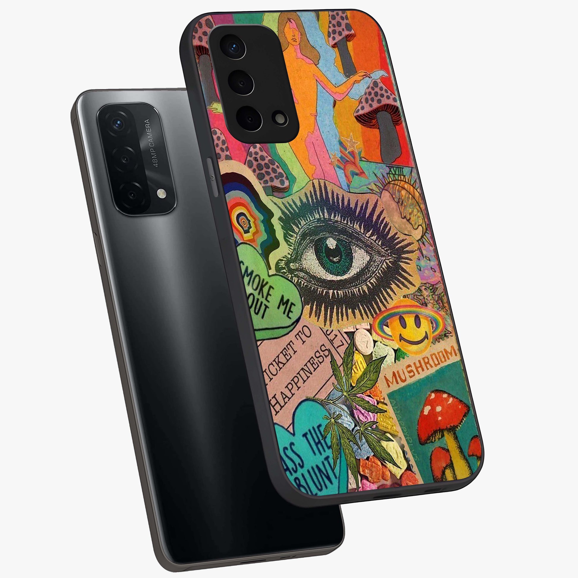 Mystic Eye Wonderland Glass Case displayed in angled mockup highlighting magical eye illustration with dreamy aesthetic.