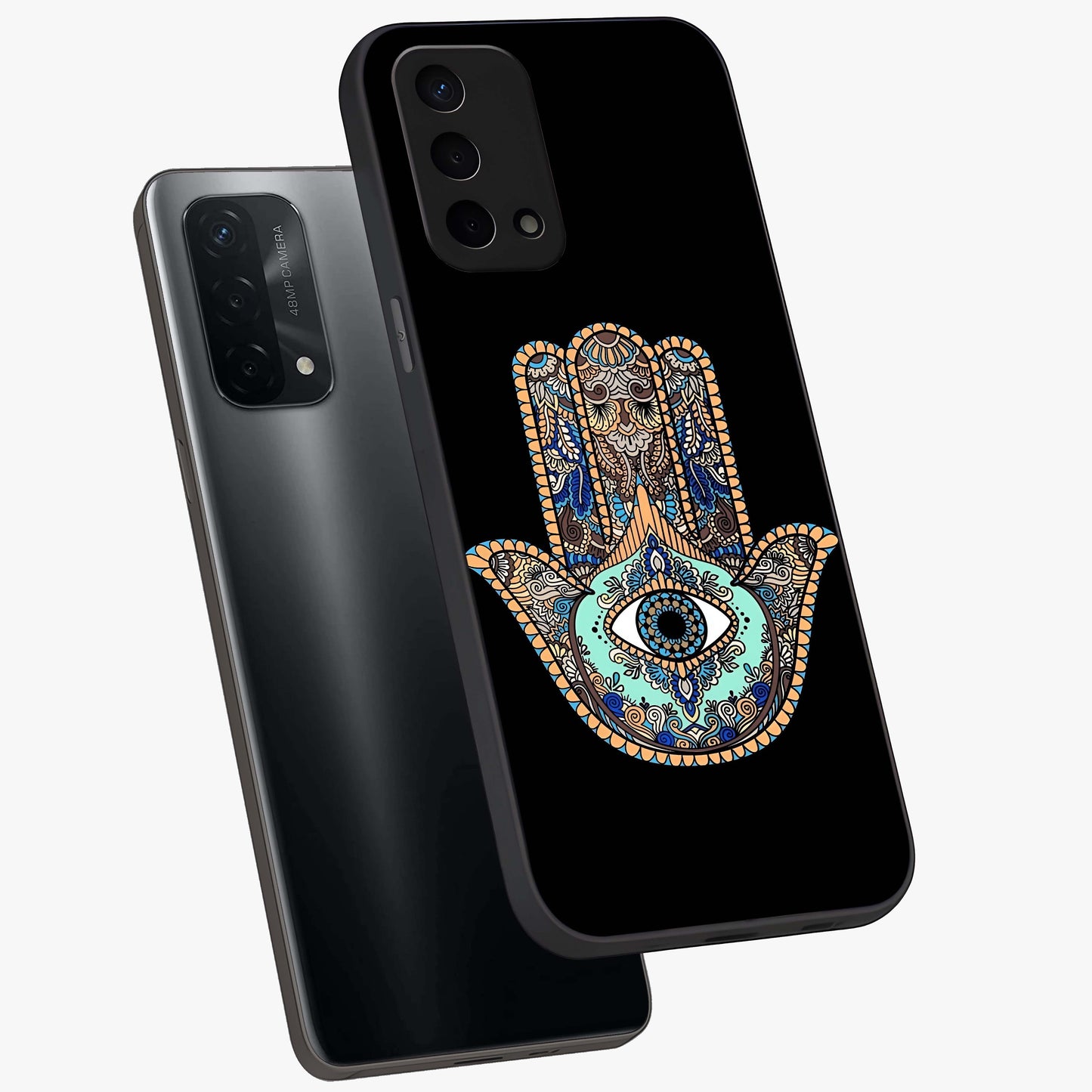 Mystic Hamsa Eye Glass Case displayed in angled mockup highlighting spiritual hamsa symbol with mystical aesthetic style.
