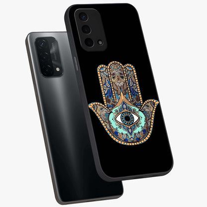 Mystic Hamsa Eye Glass Case displayed in angled mockup highlighting spiritual hamsa symbol with mystical aesthetic style.