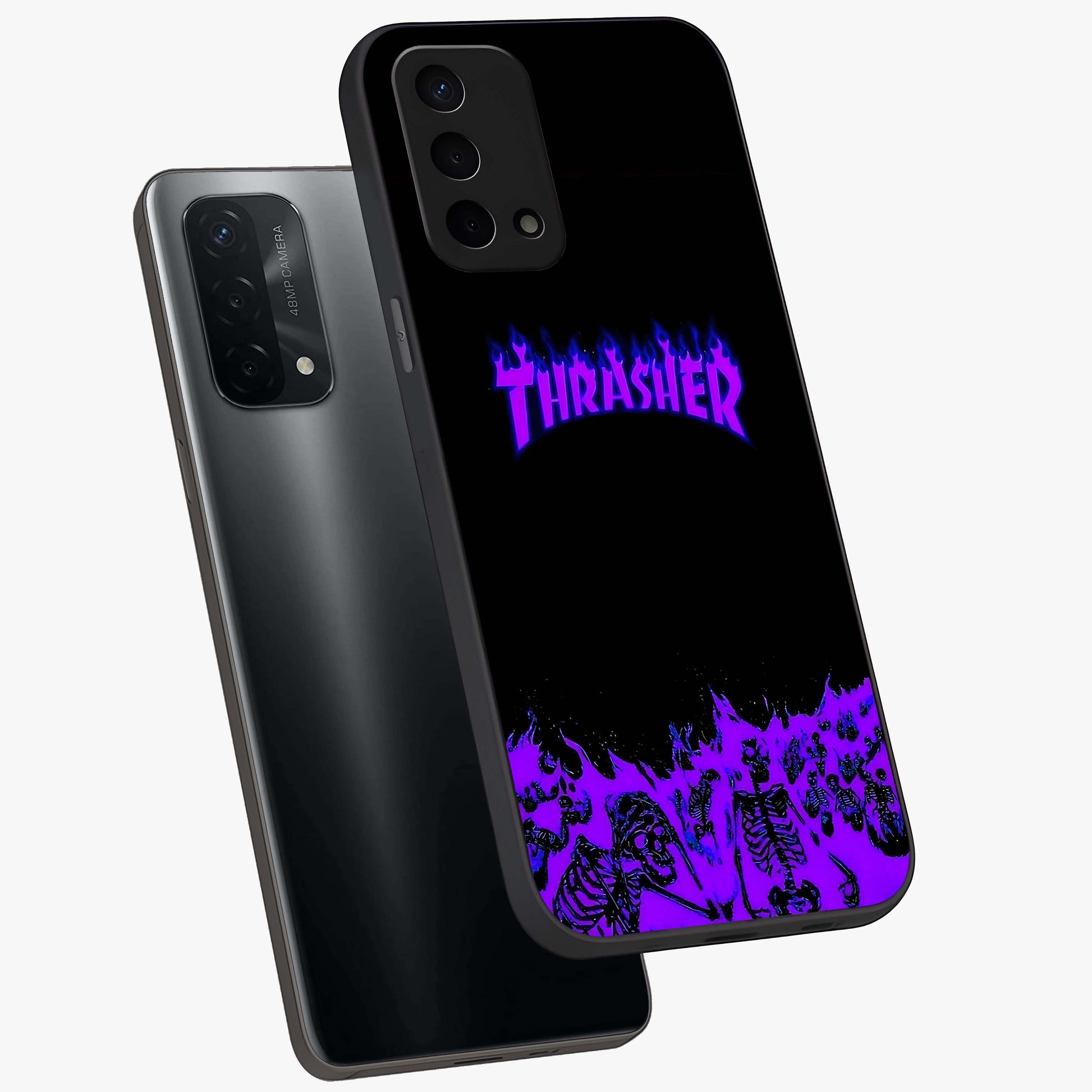 Neon Flame Riot Glass Case displayed in angled mockup highlighting glowing flame design with vibrant neon aesthetic.