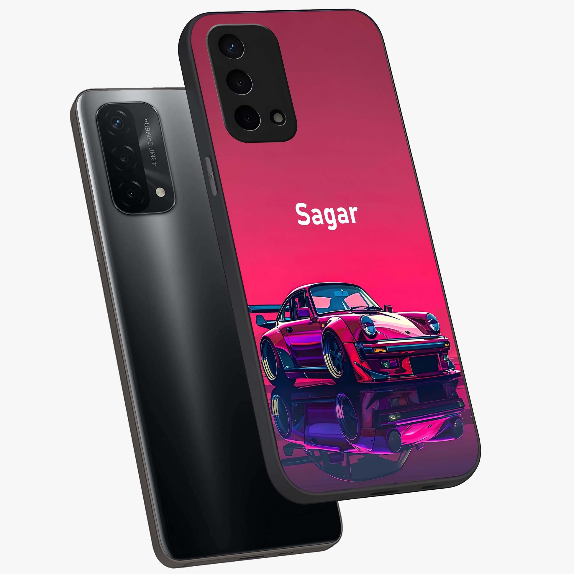 Neon Pink Porsche Glass Case displayed in angled mockup highlighting sleek neon pink car design with racing aesthetic.