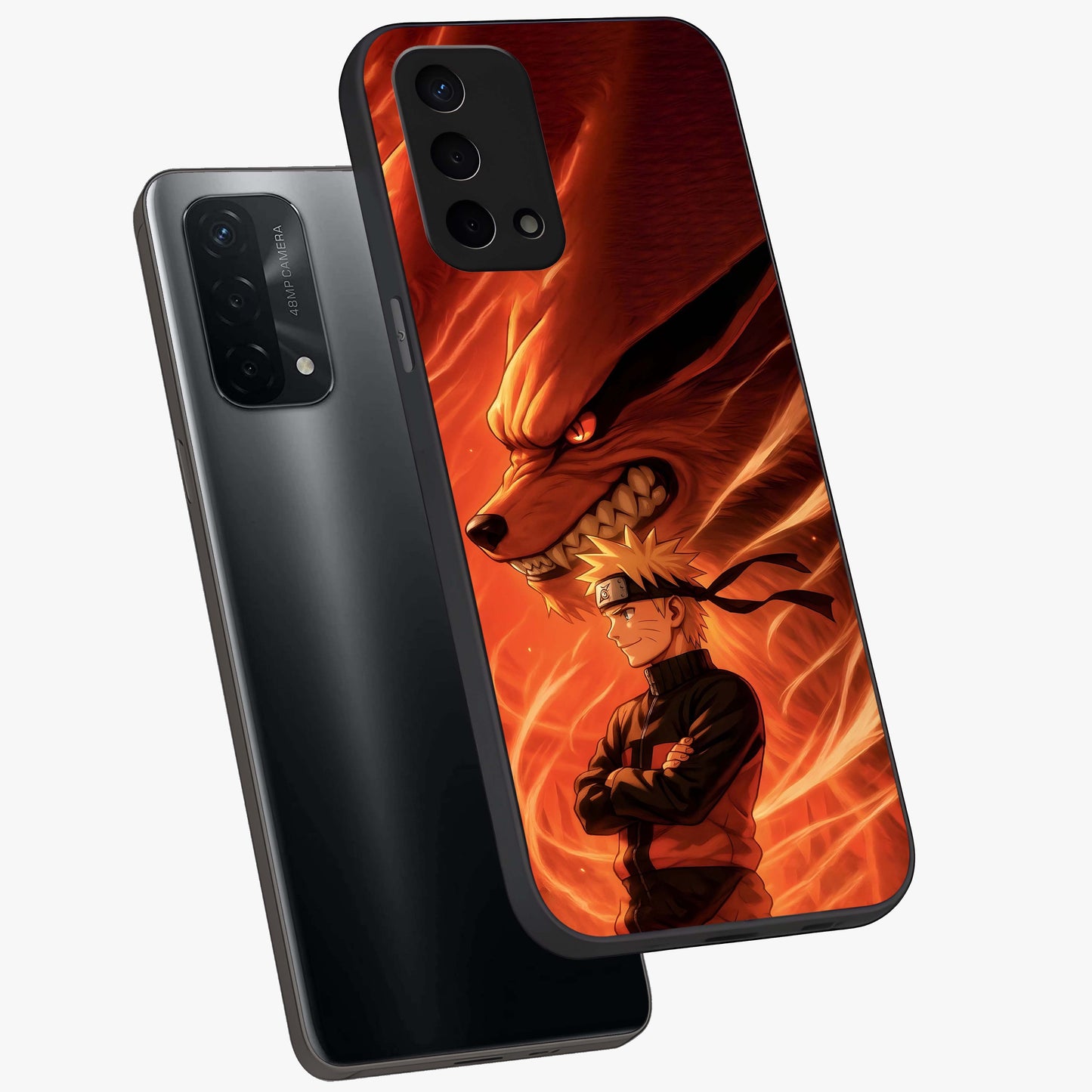 Nine Tails Legacy Glass Case displayed in angled mockup highlighting dynamic anime beast illustration with bold mystical aesthetic.