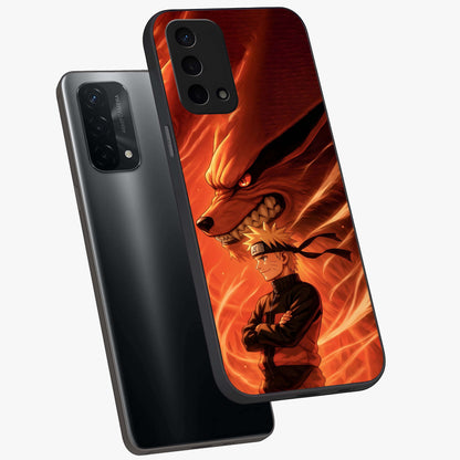 Nine Tails Legacy Glass Case displayed in angled mockup highlighting dynamic anime beast illustration with bold mystical aesthetic.