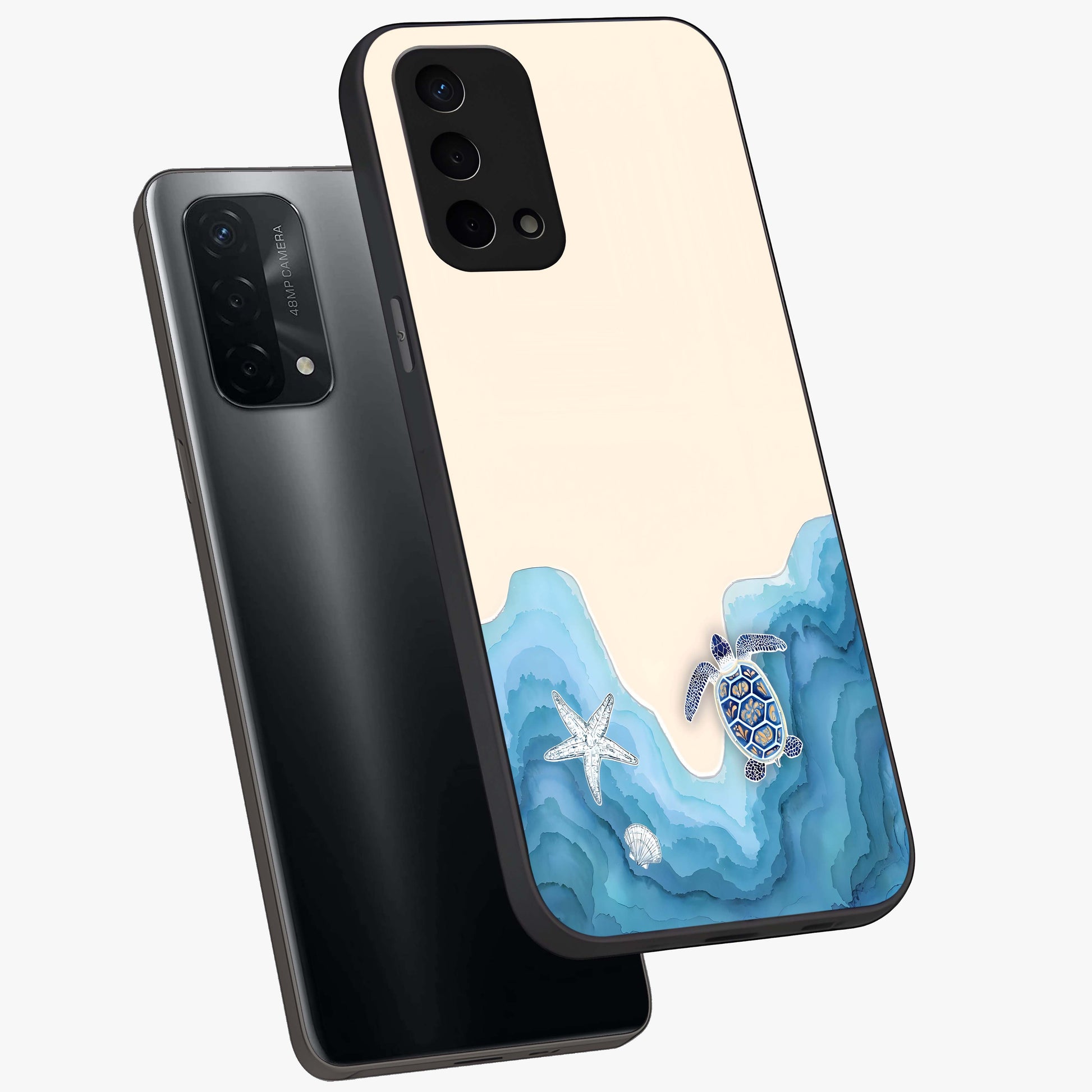 Ocean Drift Turtle Glass Case displayed in angled mockup highlighting peaceful ocean turtle illustration with marine aesthetic.