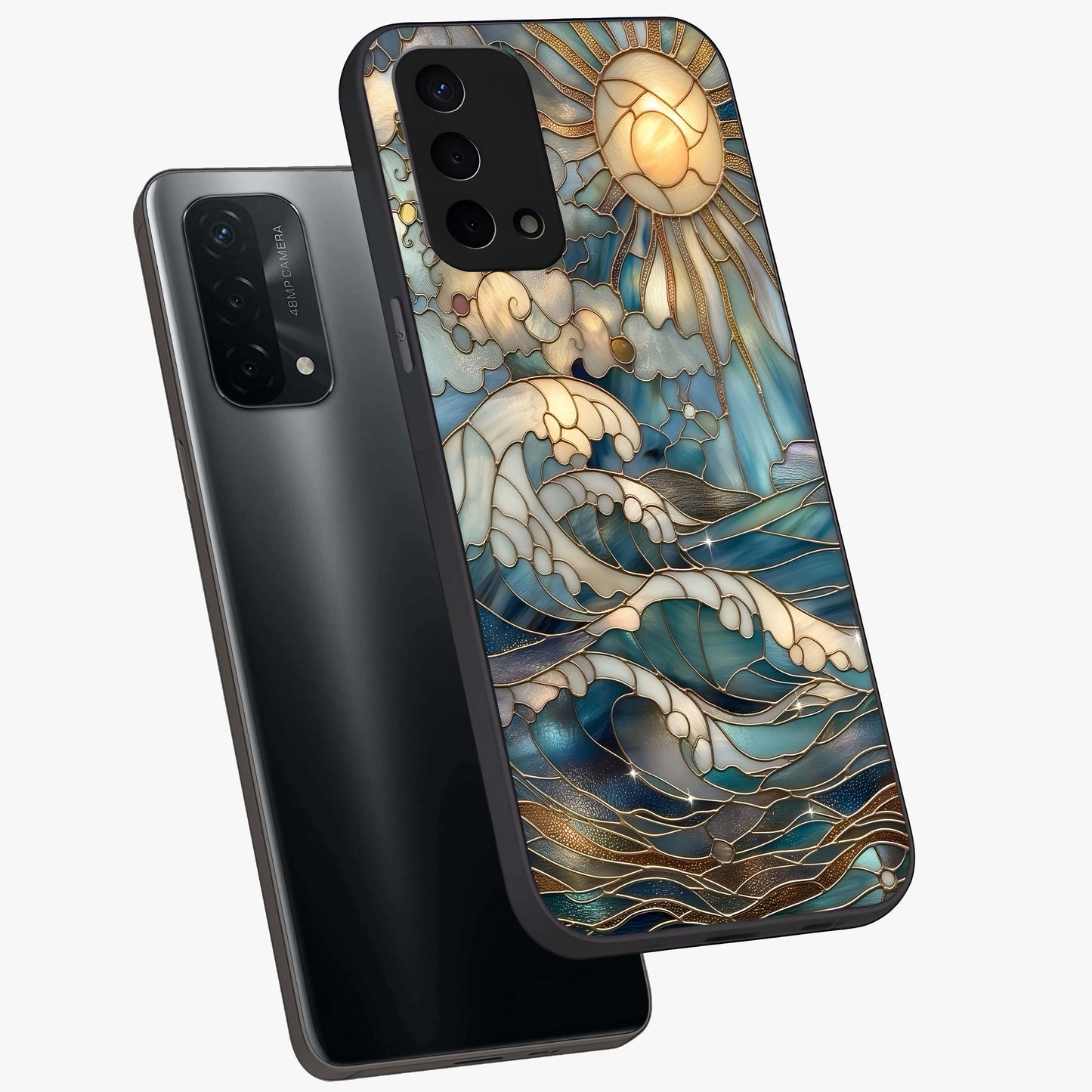 Oceanic Stained Printed Glass Case displayed in angled mockup highlighting colorful aquatic design with artistic aesthetic style.