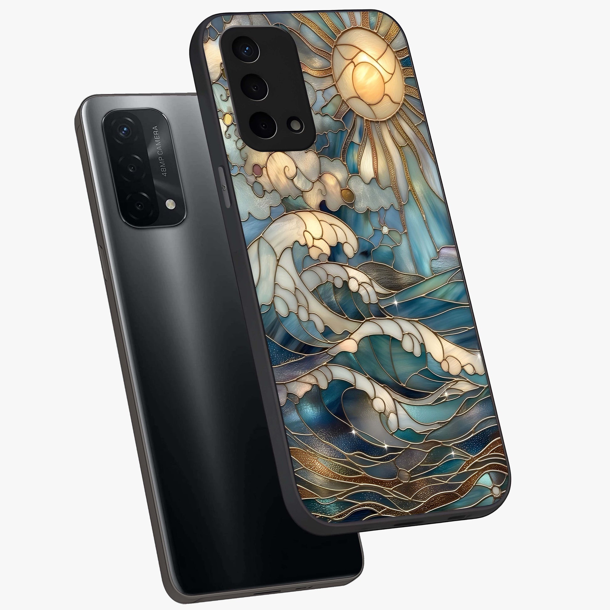 Oceanic Stained Printed Glass Case displayed in angled mockup highlighting colorful aquatic design with artistic aesthetic style.