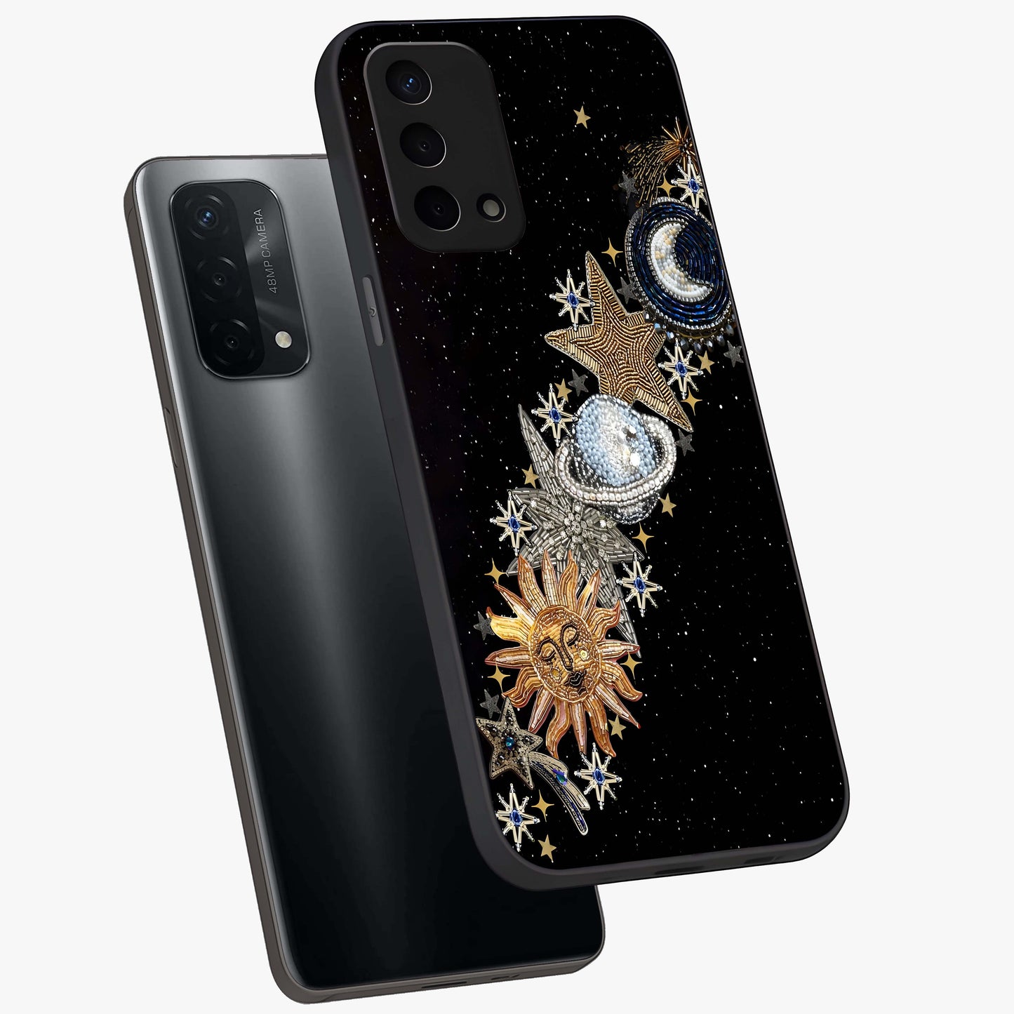 Pearls Universe Object Glass Case displayed in angled mockup highlighting celestial pearl design with dreamy aesthetic.