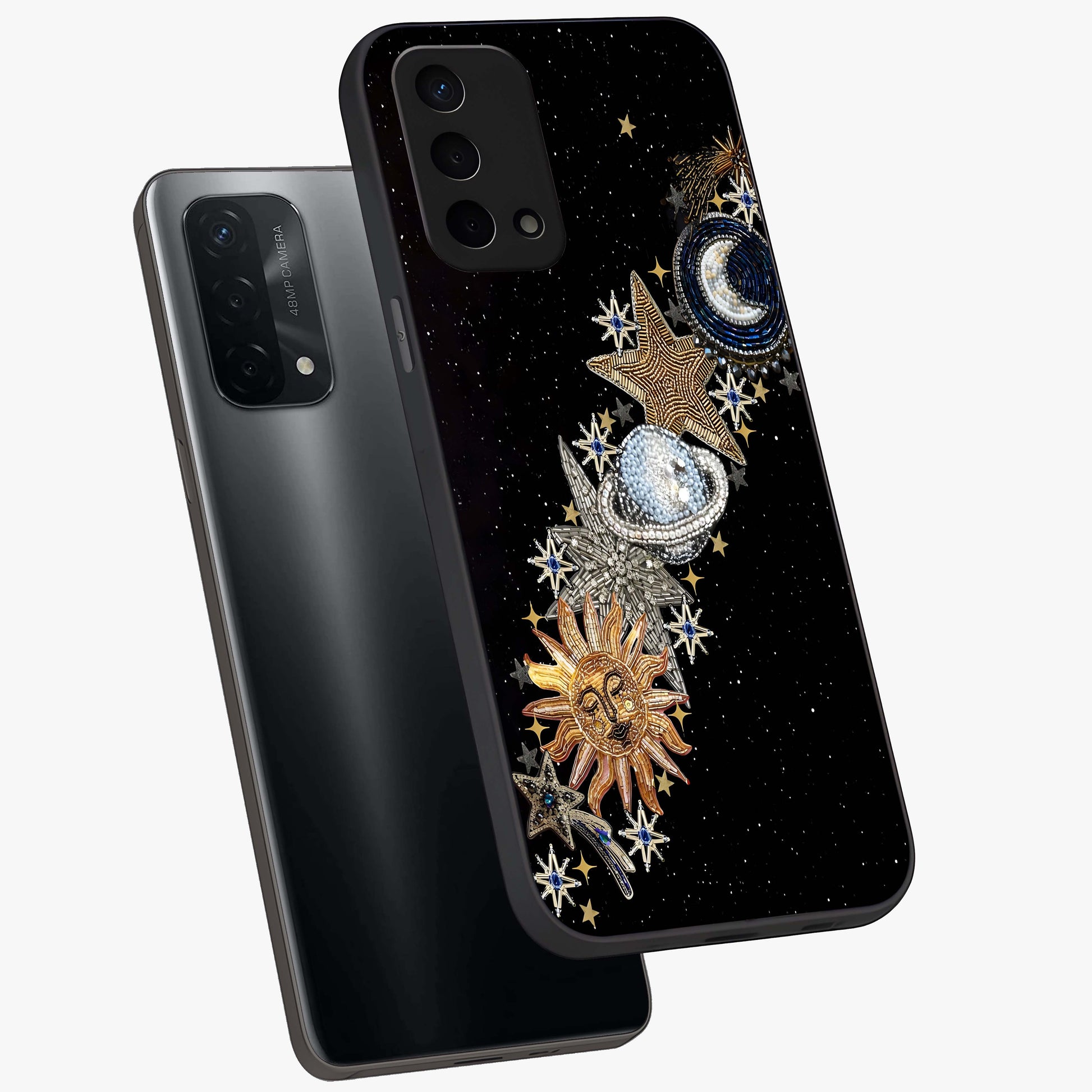 Pearls Universe Object Glass Case displayed in angled mockup highlighting celestial pearl design with dreamy aesthetic.