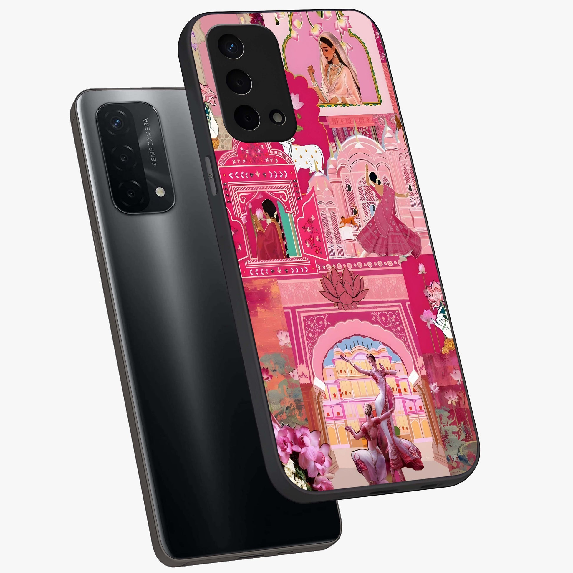 Pink Palace Muse Glass Case displayed in angled mockup highlighting dreamy palace illustration with soft pink aesthetic.