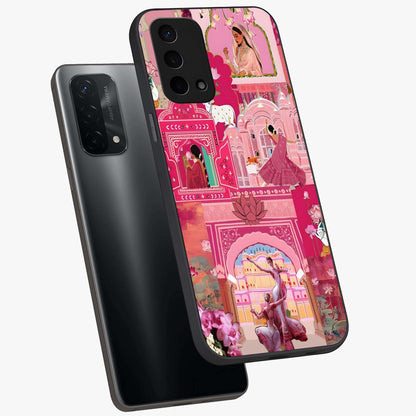 Pink Palace Muse Glass Case displayed in angled mockup highlighting dreamy palace illustration with soft pink aesthetic.