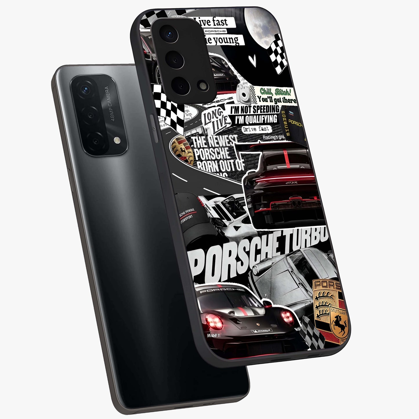 Porsche Racing Collage Glass Case displayed in angled mockup highlighting dynamic automotive design with bold racing aesthetic.
