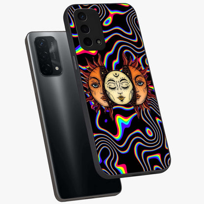 Psychedelic Sun Glass Case displayed in angled mockup highlighting vibrant abstract sun design with artistic aesthetic style.
