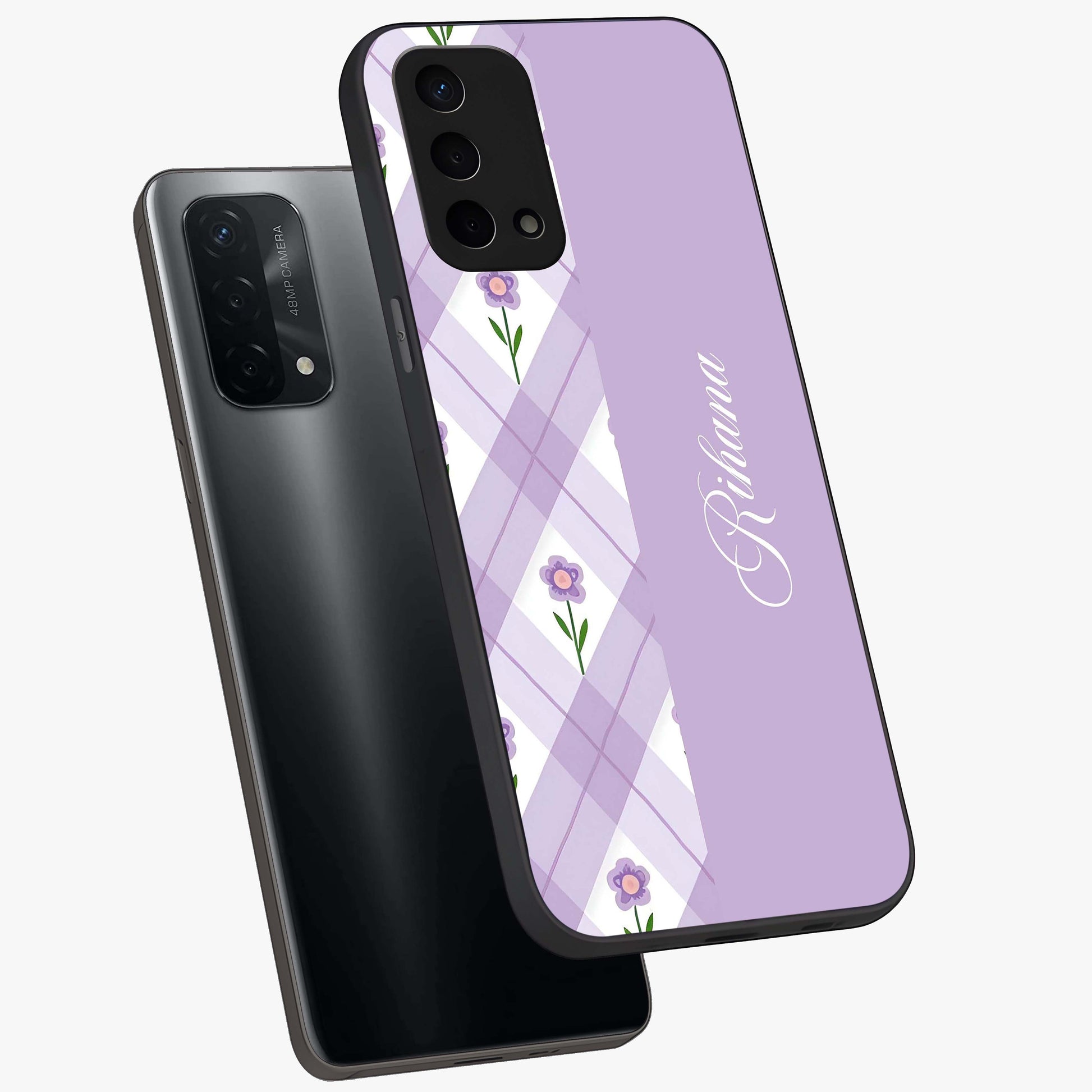 Purple Diamond Floral Glass Case displayed in angled mockup highlighting elegant purple flower design with decorative pattern.