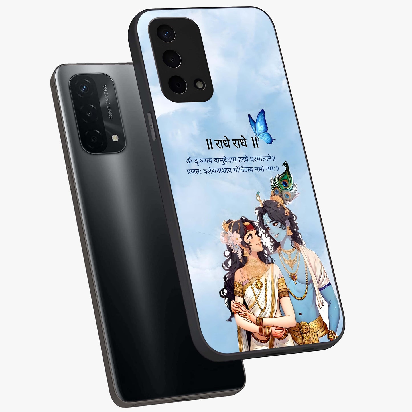 Radha Krishna Eternal Glass Case displayed in angled mockup highlighting divine Radha Krishna illustration with spiritual aesthetic.