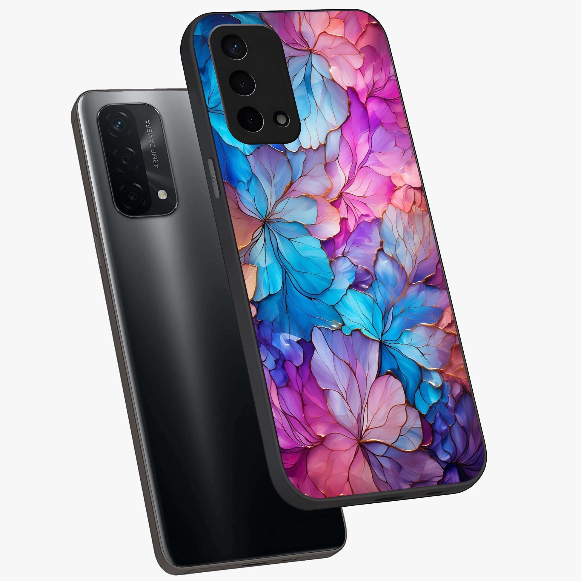 Radiant Floral Whirl Glass Case displayed in angled mockup highlighting vibrant flower pattern with dynamic artistic aesthetic.