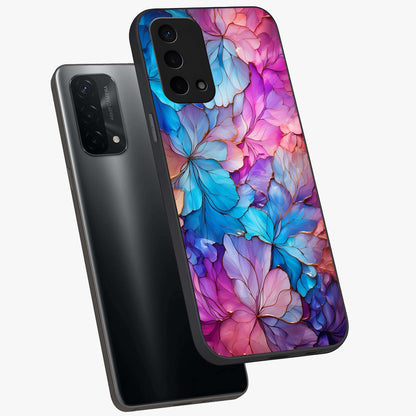 Radiant Floral Whirl Glass Case displayed in angled mockup highlighting vibrant flower pattern with dynamic artistic aesthetic.