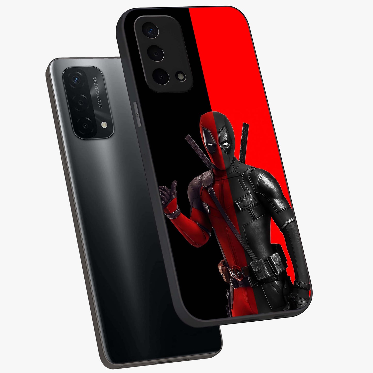 Red & Black Deadpool Theme Glass Case displayed in angled mockup highlighting vibrant superhero style illustration with action aesthetic.