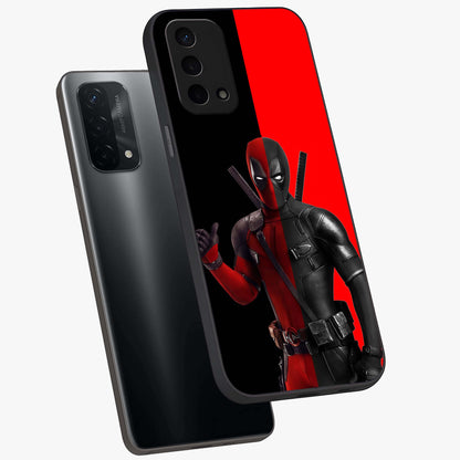 Red & Black Deadpool Theme Glass Case displayed in angled mockup highlighting vibrant superhero style illustration with action aesthetic.