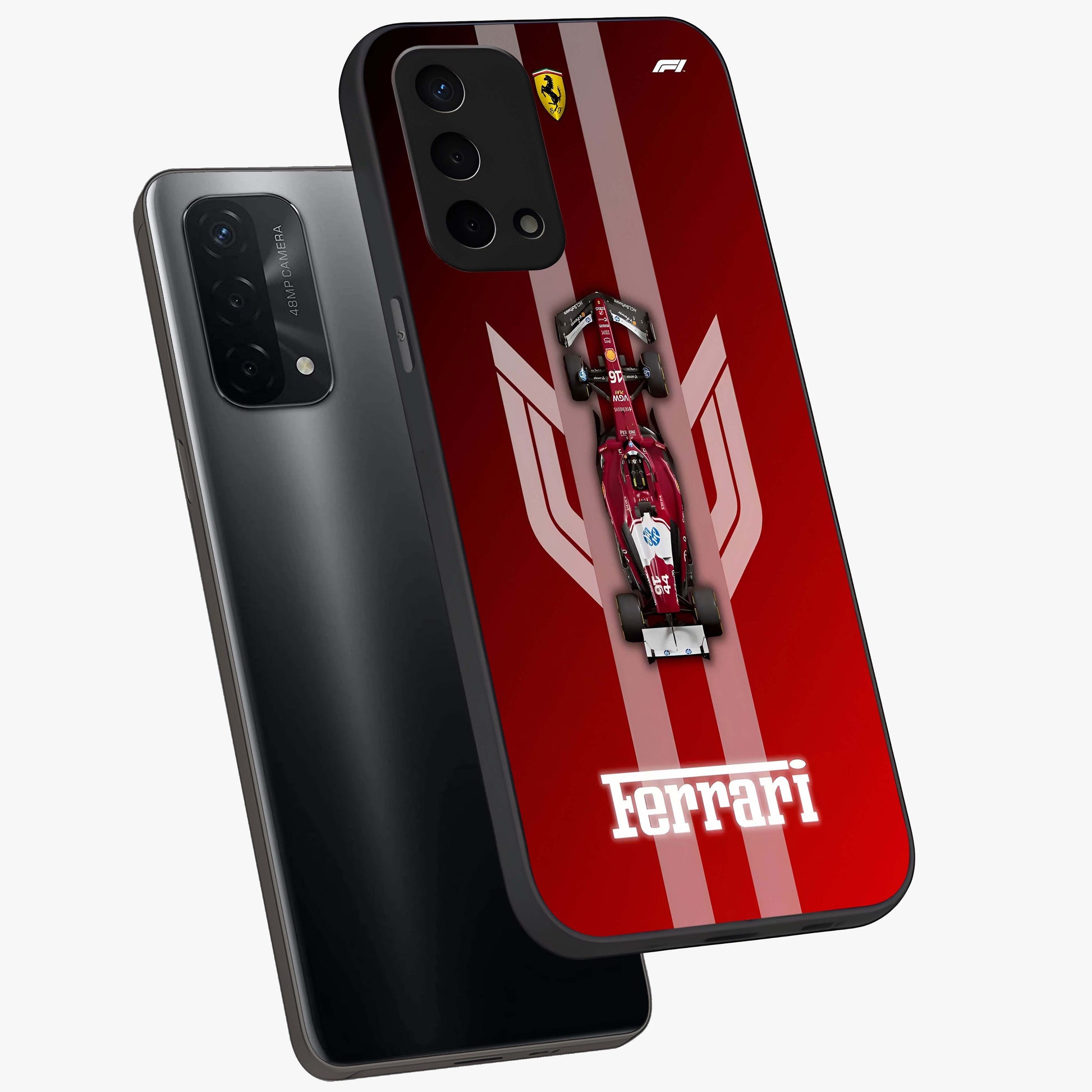 Red Ferrari F1 Vertical Glass Case displayed in angled mockup highlighting high speed racing design with bold automotive aesthetic.