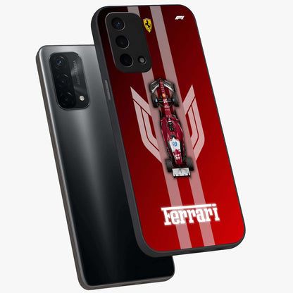 Red Ferrari F1 Vertical Glass Case displayed in angled mockup highlighting high speed racing design with bold automotive aesthetic.