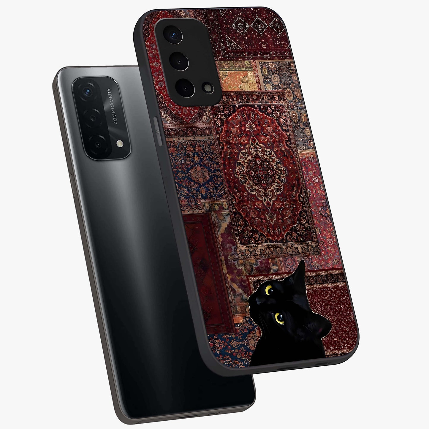 Regal Magic Cat Apple Glass Case displayed in angled mockup highlighting whimsical feline design with fantasy aesthetic.
