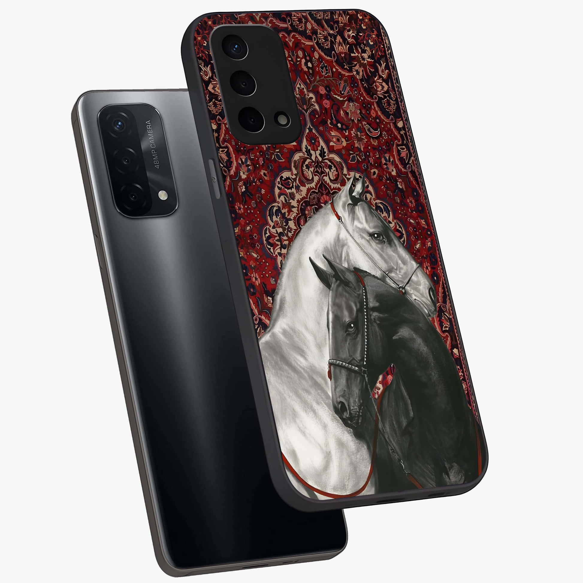 Regal Stallion Tapestry Glass Case displayed in angled mockup highlighting royal stallion design with decorative heritage aesthetic.