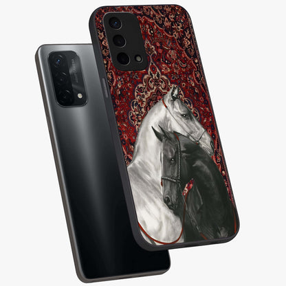 Regal Stallion Tapestry Glass Case displayed in angled mockup highlighting royal stallion design with decorative heritage aesthetic.